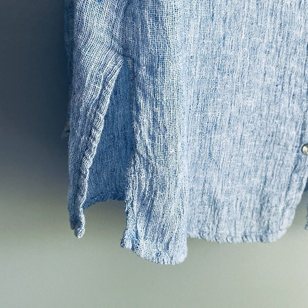 Tahari European Flax 100% Linen Shirt Women's L Blue Woven Textured Button Up - Picture 7 of 13